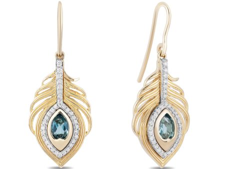 Enchanted Disney Fine Jewelry 10K Yellow Gold with 1 5 CTTW Diamonds and Swiss Blue Topaz Jasmine Peacock Feather Earrings on Sale