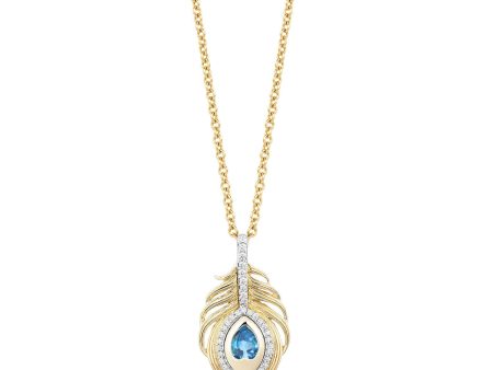 Enchanted Disney Fine Jewelry 10K Yellow Gold with 1 8 CTTW Diamonds and Swiss Blue Topaz Jasmine Peacock Feather Pendant Necklace Fashion