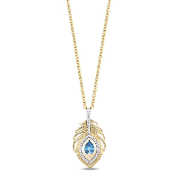 Enchanted Disney Fine Jewelry 10K Yellow Gold with 1 8 CTTW Diamonds and Swiss Blue Topaz Jasmine Peacock Feather Pendant Necklace Fashion