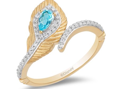 Enchanted Disney Fine Jewelry 10K Yellow Gold 1 6 CTTW Diamond with Swiss Blue Topaz Jasmine Peacock Feather Ring on Sale