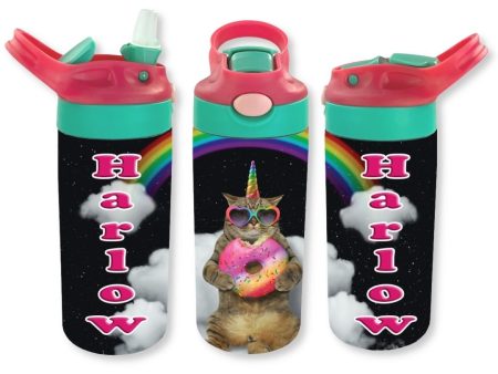 Personalized Kids  12oz Double Walled Stainless Steel Bottle - Cat with Doughnut Hot on Sale